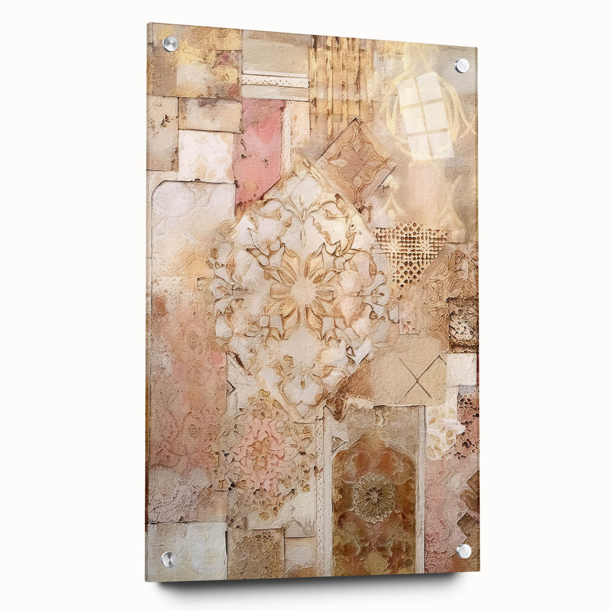 Abstract architectural wall art displayed on acrylic glass, showcasing a modern design with vibrant colors and unique geometric patterns, pinned to a wall.
