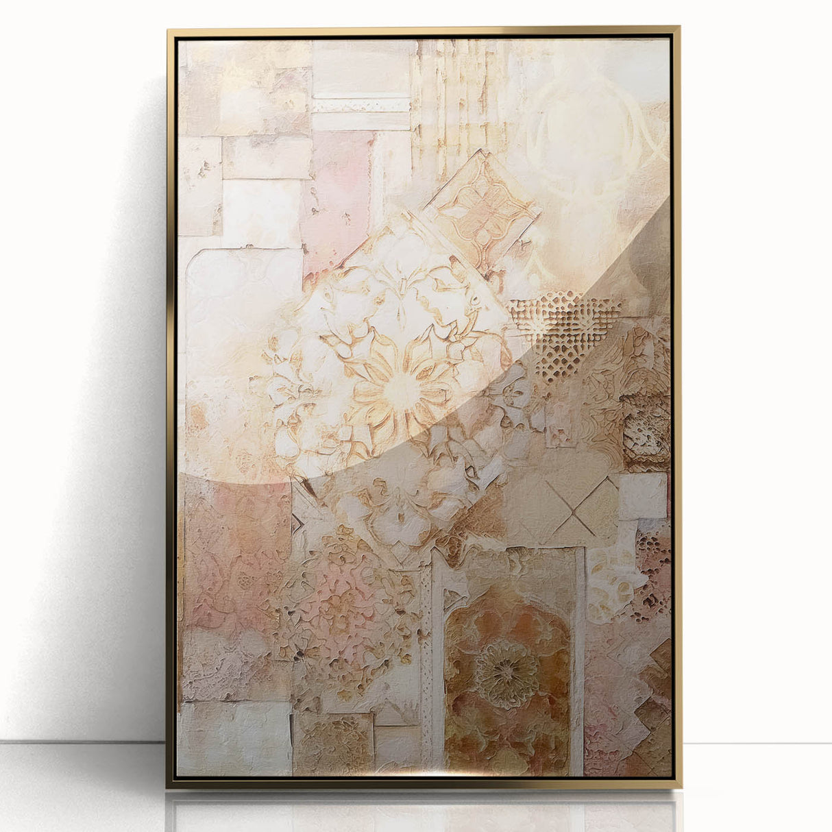 Framed abstract architecture wall art in gold acrylic, showcasing geometric patterns and modern design elements, perfect for contemporary home decor.