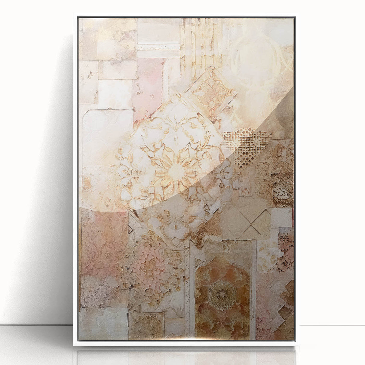 Framed acrylic wall art showcasing an abstract architectural design, featuring soft white tones and geometric shapes for a modern aesthetic, perfect for home decor.