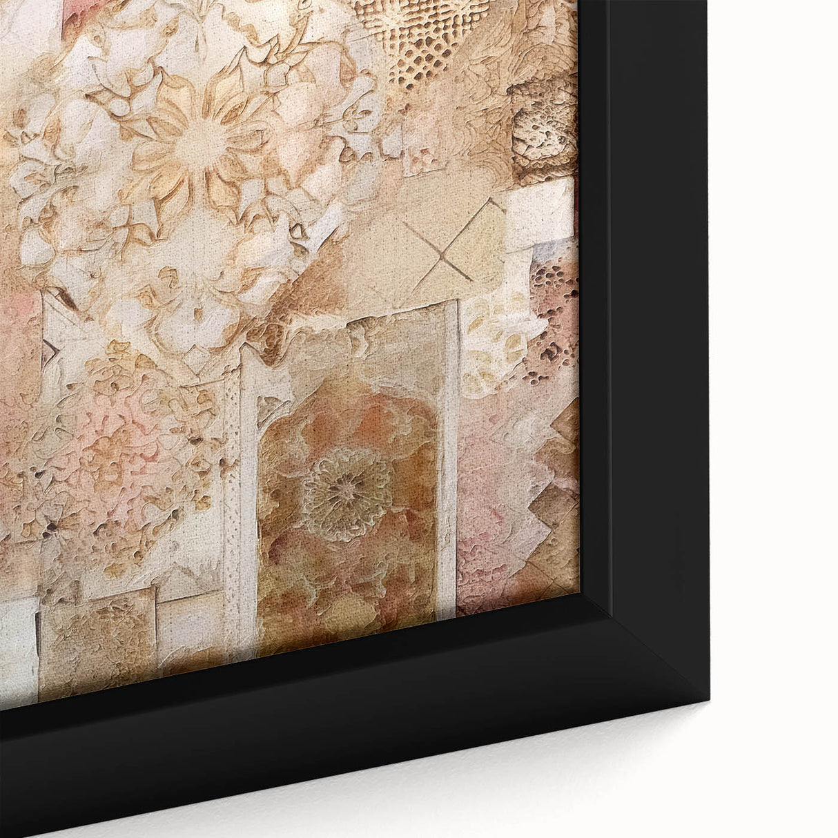 Close-up of a modern abstract architecture wall art piece featuring bold geometric shapes and vibrant colors, framed for an elegant display in contemporary decor.