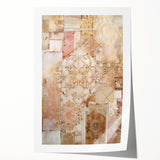 Abstract architecture wall art print showcasing geometric patterns in shades of blue and gold, rolled for easy display and shipping in a protective tube.