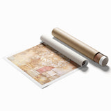 Abstract architecture wall art print showcasing a vibrant geometric design in shades of blue and gold, ideal for modern interior decor, rolled for easy framing.