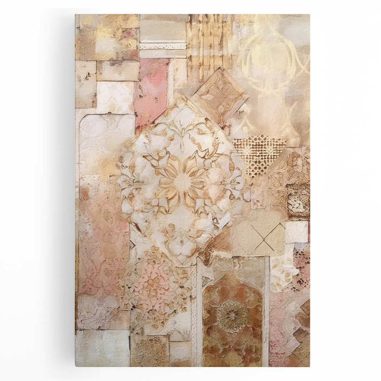 Abstract architectural wall art on stretched canvas, showcasing a modern design with geometric shapes in muted colors. Ideal for contemporary home decor.
