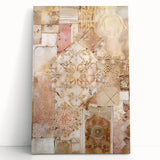 Abstract architectural wall art on stretched canvas, featuring geometric shapes in shades of blue and gold, leaning against a neutral wall for a modern aesthetic.