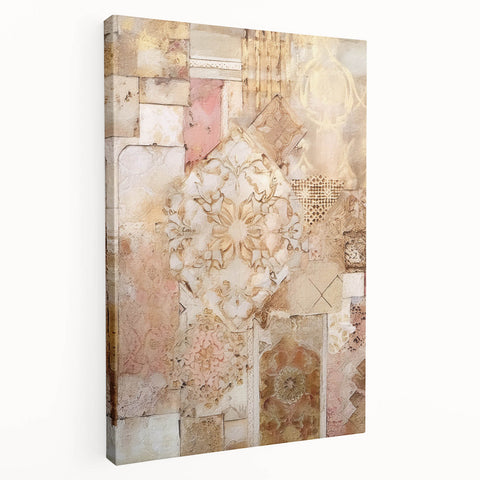 Stretched canvas wall art showcasing an abstract architectural design with vibrant colors and geometric shapes, perfect for modern interior decor.