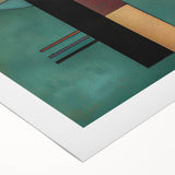 Abstract geometric rolled canvas art showcasing vibrant blue and orange patterns, perfect for modern home decor, presented in protective cardboard packaging.