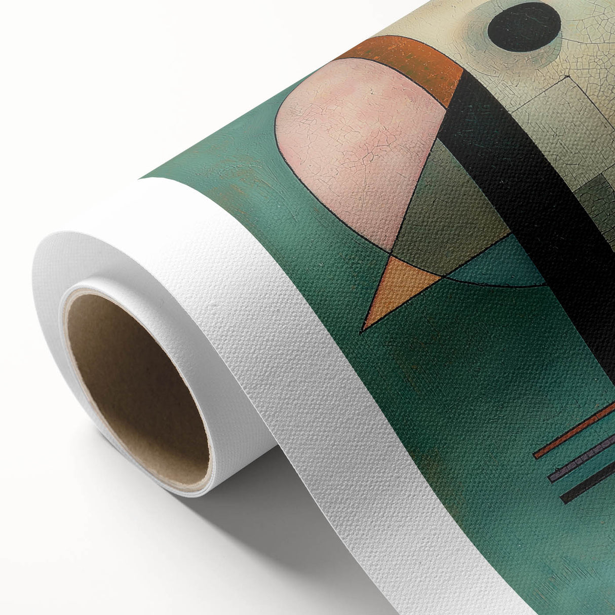 Abstract geometric rolled canvas artwork showcasing vibrant colors and intricate shapes, ideal for modern home decor. Packaged securely in a sturdy tube for delivery.