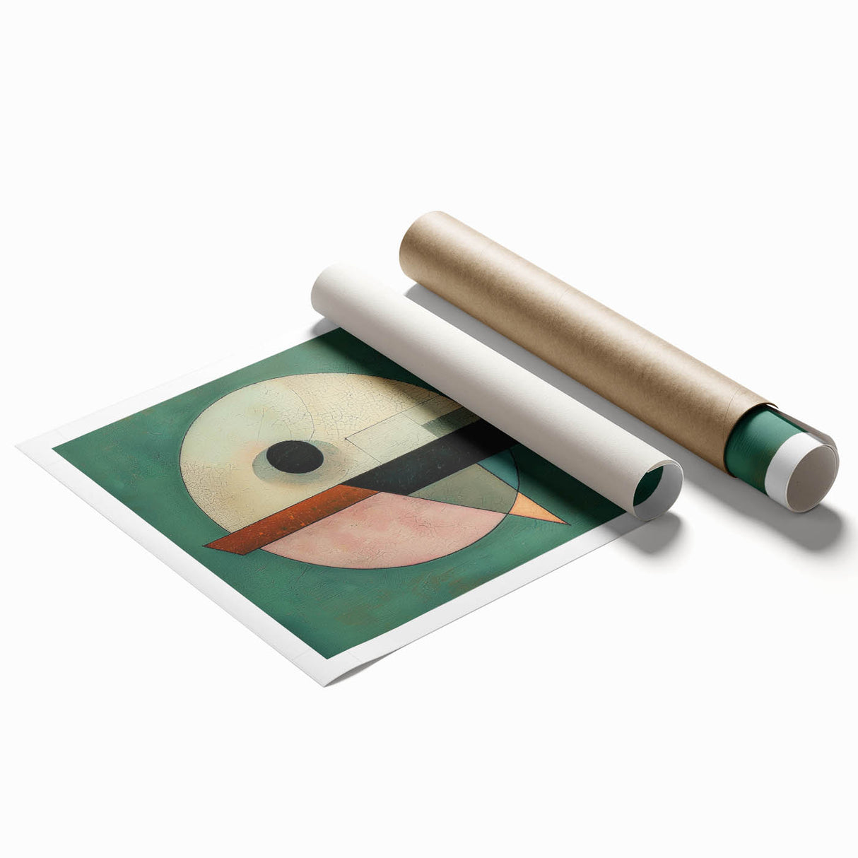 Abstract geometric rolled print showcasing vibrant colors and intricate shapes, beautifully packaged in a protective cardboard tube, ideal for modern decor.