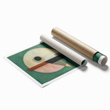 Abstract geometric rolled print showcasing vibrant colors and intricate shapes, beautifully packaged in a protective cardboard tube, ideal for modern decor.