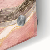 Close-up of vibrant abstract landscape wall art featuring bold colors and fluid shapes, printed on acrylic glass, showcasing modern design aesthetics for home decor.