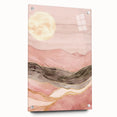 Abstract landscape wall art displayed in a side view, showcasing vibrant colors and textures, mounted with pins on a sleek acrylic glass surface, ideal for modern decor.