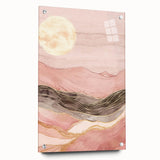 Abstract landscape wall art displayed in a side view, showcasing vibrant colors and textures, mounted with pins on a sleek acrylic glass surface, ideal for modern decor.