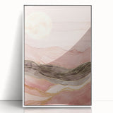 Framed abstract landscape wall art featuring vibrant colors and fluid shapes, set in a sleek white frame, ideal for modern home decor and artistic ambiance.