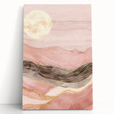 Abstract landscape wall art on stretched canvas, showcasing vibrant colors and fluid shapes, leaning against a wall, perfect for modern home decor.