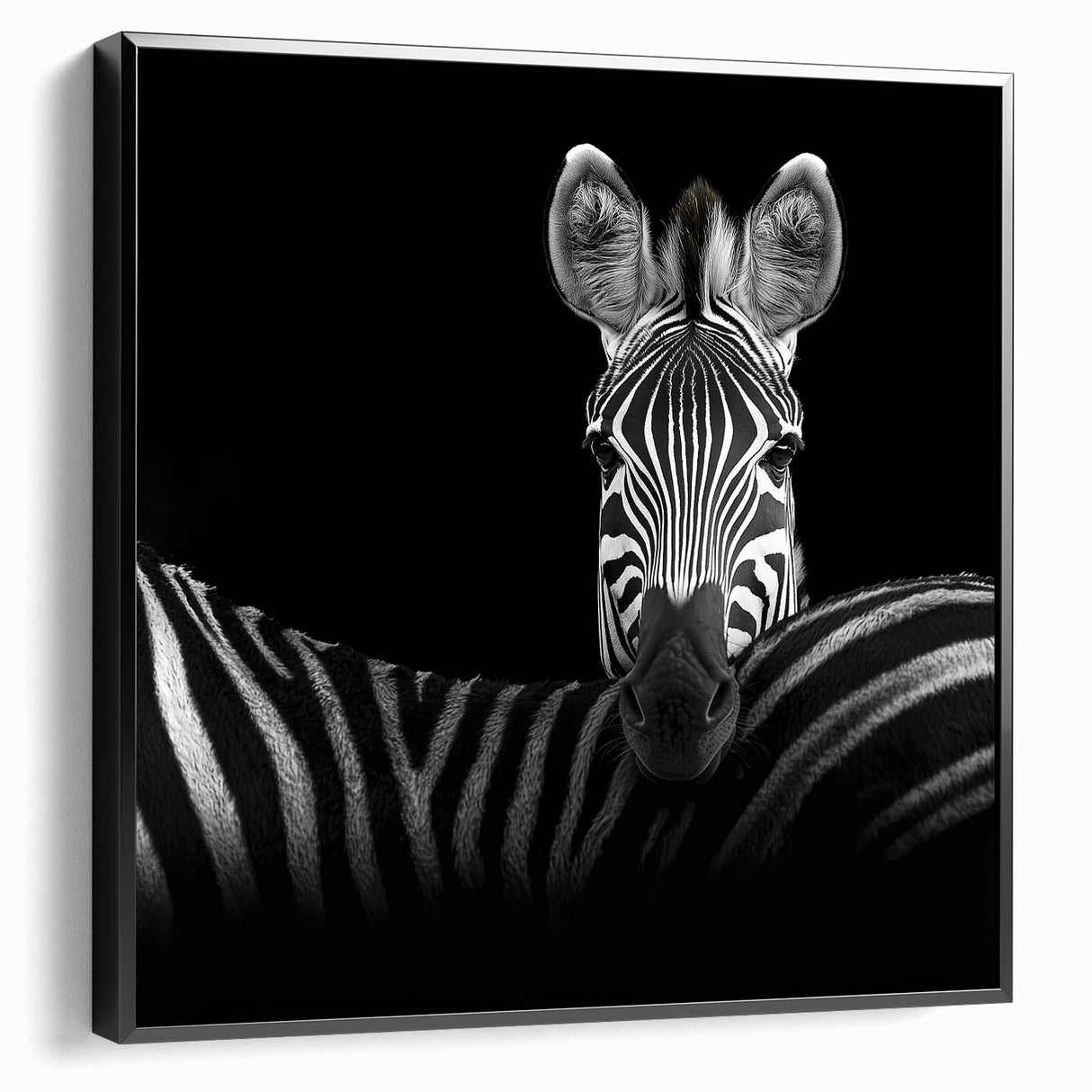 Framed canvas artwork showcasing a vibrant animal design, featuring bold colors and intricate details, viewed from the side against a neutral background.