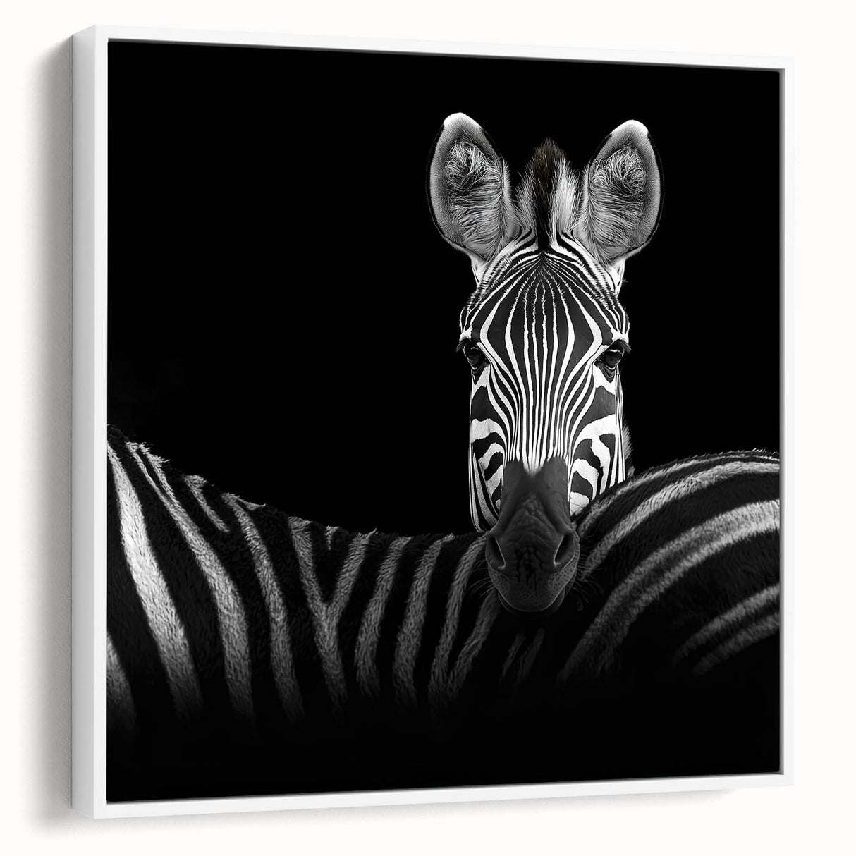 Framed canvas artwork depicting a colorful animal design set against a white background, showcasing intricate details and vibrant colors, ideal for modern home decor.