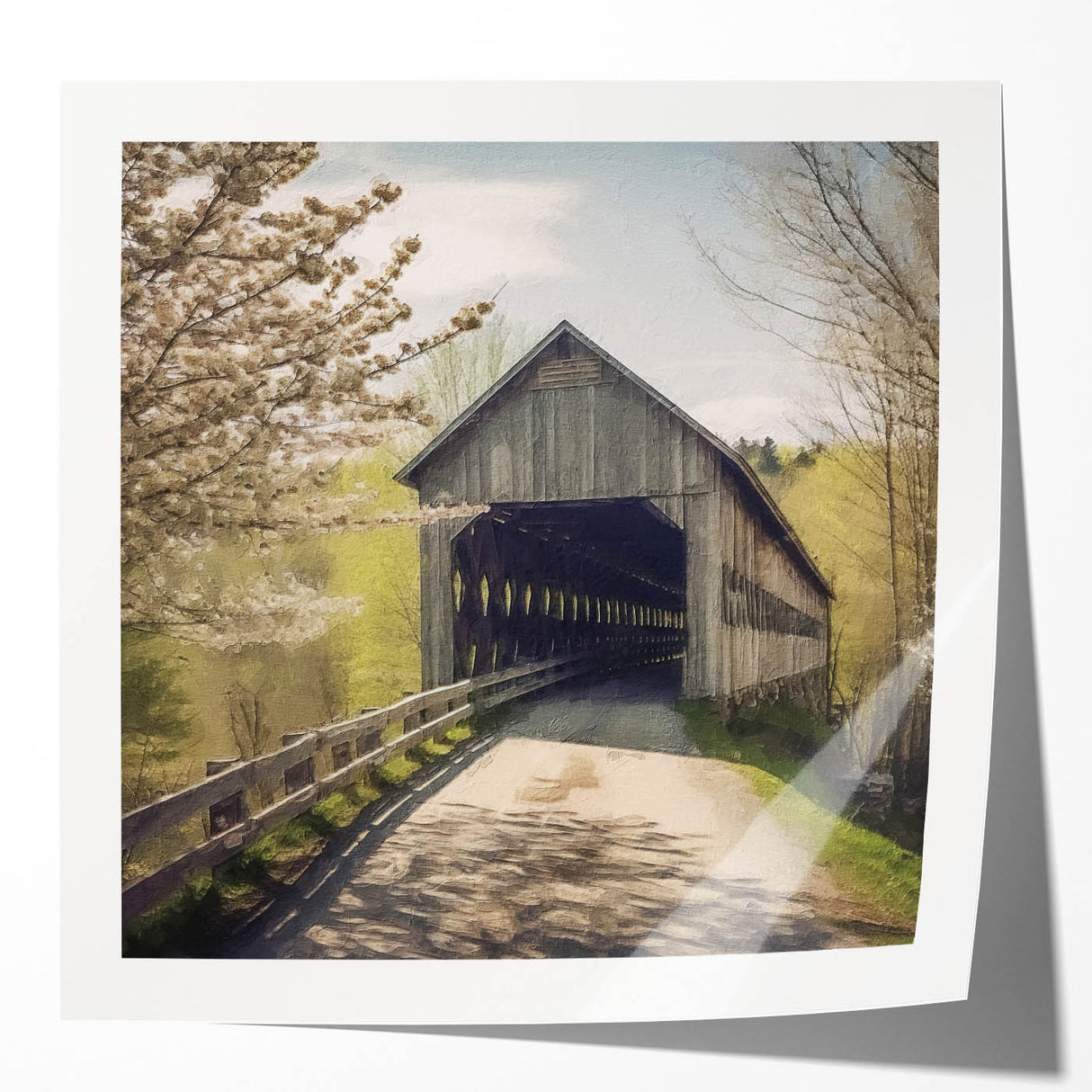 Covered bridge in rustic reds and browns on a glossy photo print, suitable for art wall dining room.