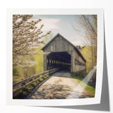 Covered bridge in rustic reds and browns on a glossy photo print, suitable for art wall dining room.
