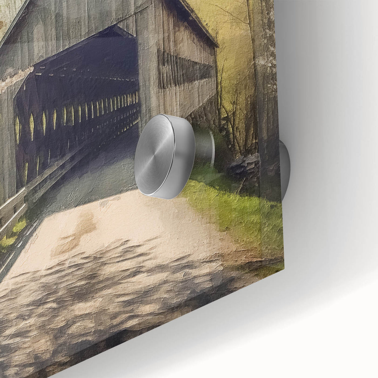 Mid-century modernist large abstract art print of a covered bridge, in muted gray and blue tones on acrylic glass.