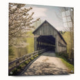 Acrylic print of a covered bridge in muted earth tones, ideal for dining room or bedroom wall art.