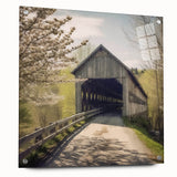 Acrylic print of a covered bridge in muted earth tones, ideal for dining room or bedroom wall art.