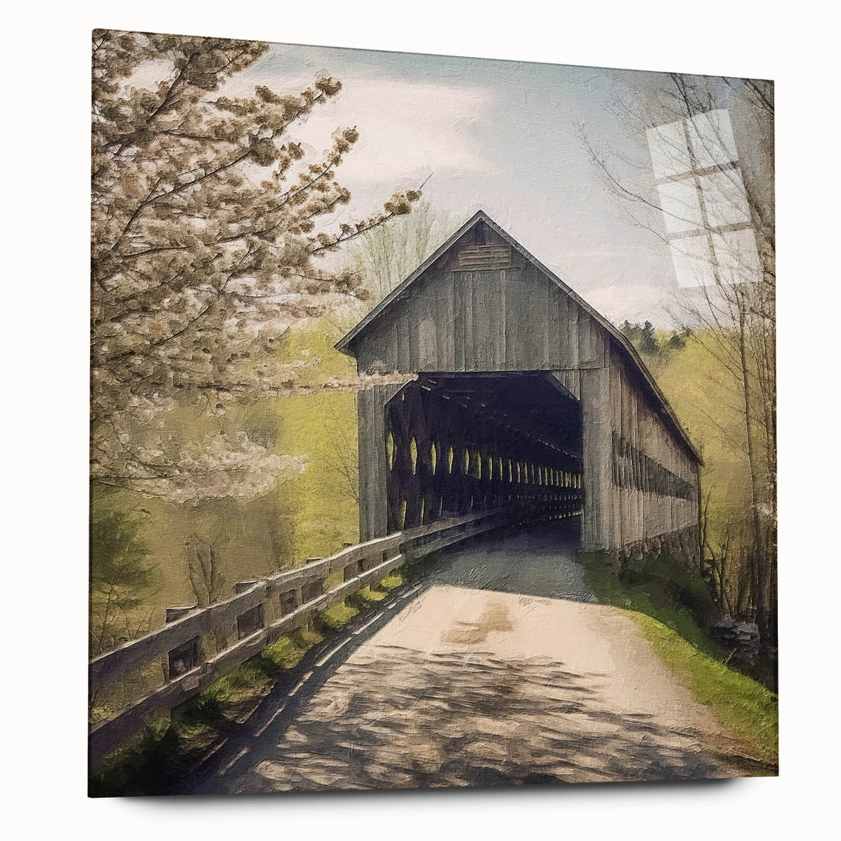 Side view of a large abstract wall art depicting a covered bridge in muted earth tones on acrylic glass.