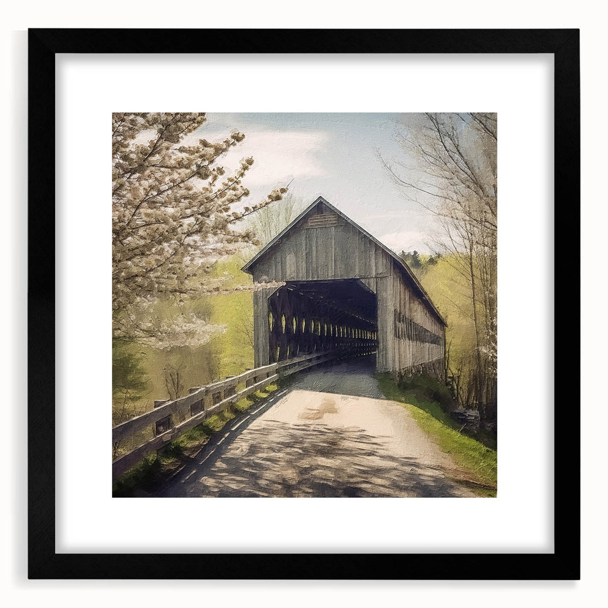 Extra large abstract art print featuring a colorful, textured depiction of a covered bridge, framed in black.