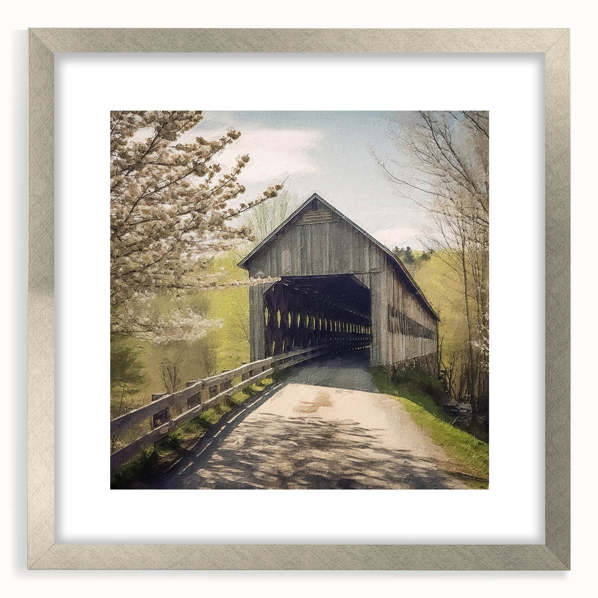 Textured abstract art print of a covered bridge in muted earth tones on a framed silver mat, suitable for bedroom decor.