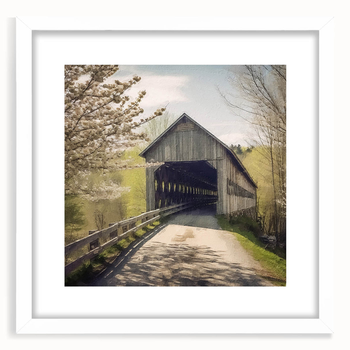 Abstract art print of a covered bridge in muted gray and blue tones on a framed white mat, ideal for dining room decor.