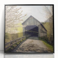 Large abstract wall art depicting a covered bridge, in black and white tones on a framed acrylic.