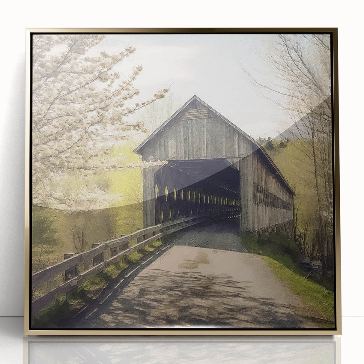 Mid-century modernist style large art print of a covered bridge, framed in gold acrylic, ideal for modern art wall decor.