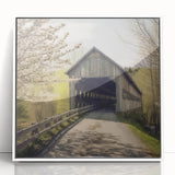 Art deco poster of a covered bridge in muted gray tones on framed acrylic, ideal for modern nursery wall decor.