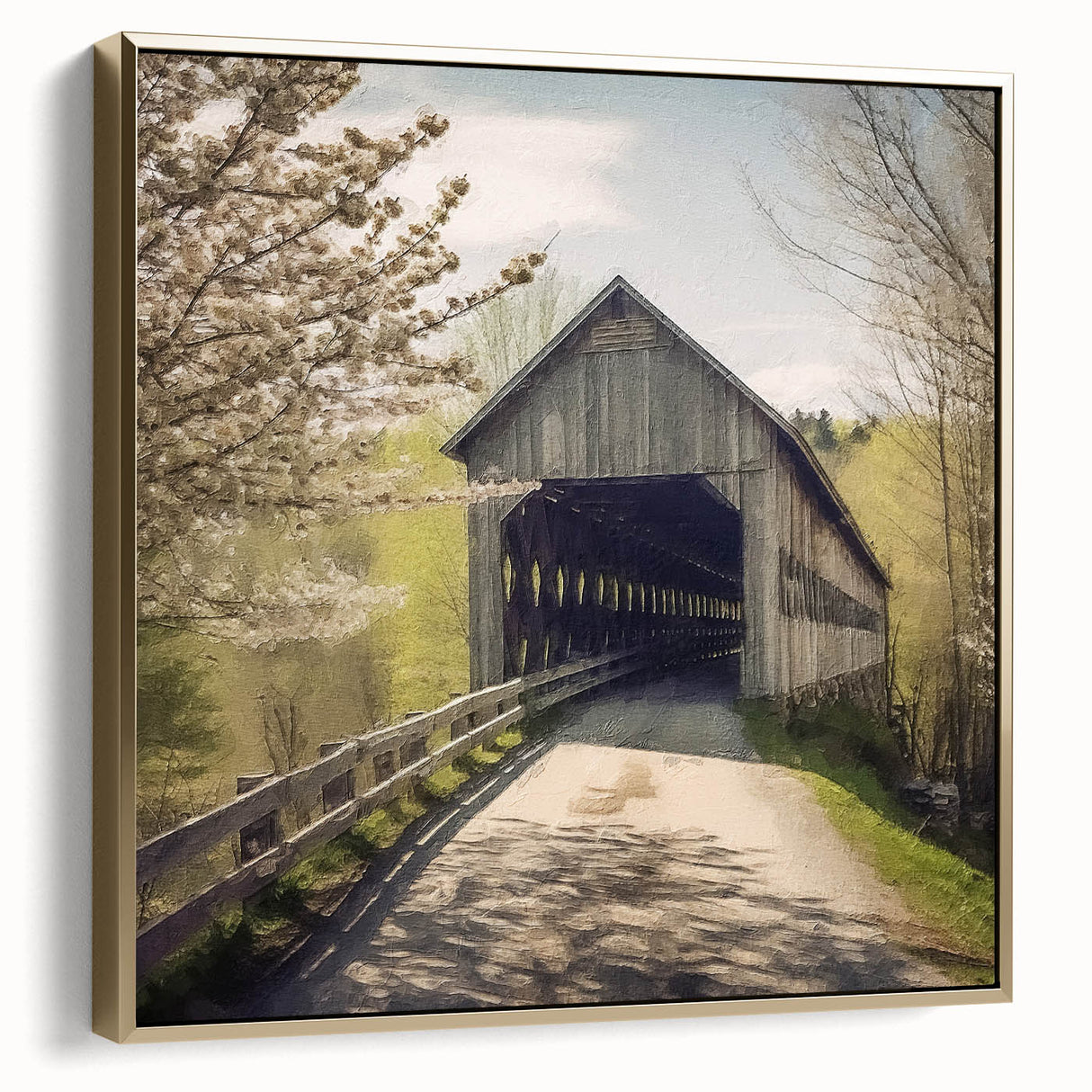 Framed canvas depicting a vintage-style landscape with a covered bridge in silver and gold tones.