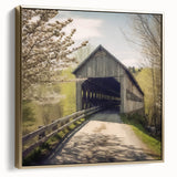 Framed canvas depicting a vintage-style landscape with a covered bridge in silver and gold tones.