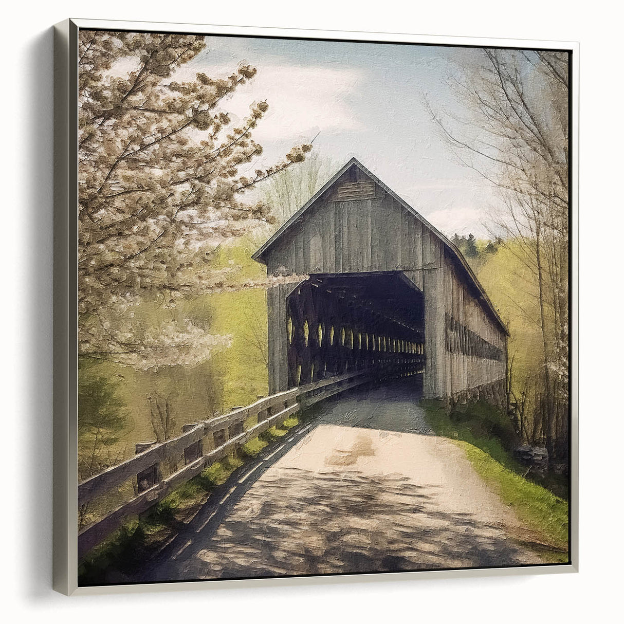 Framed canvas of a vintage-style landscape painting featuring a covered bridge in muted earth tones.