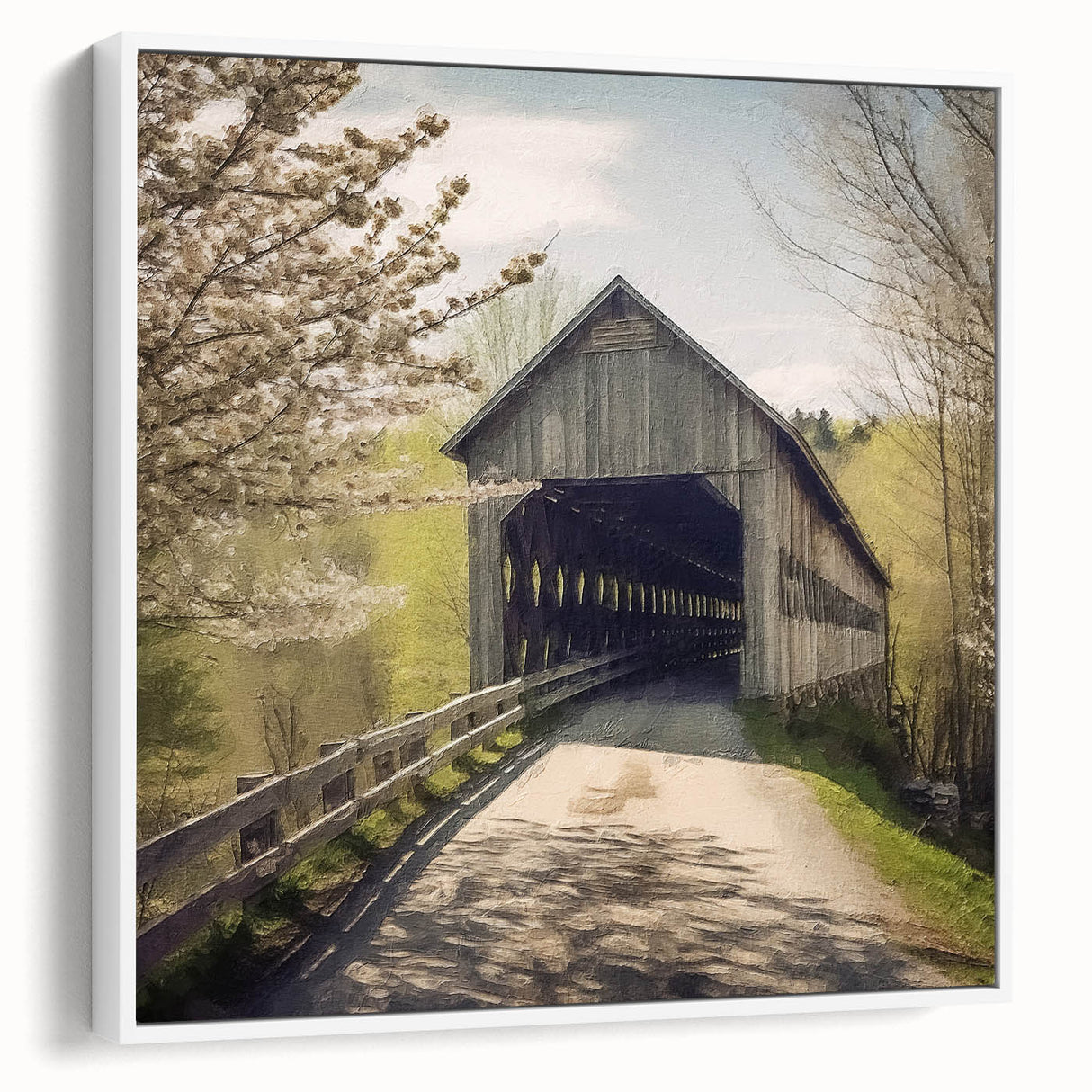 Vintage poster art of a covered bridge in muted black and white on framed canvas, ideal for living room decor.