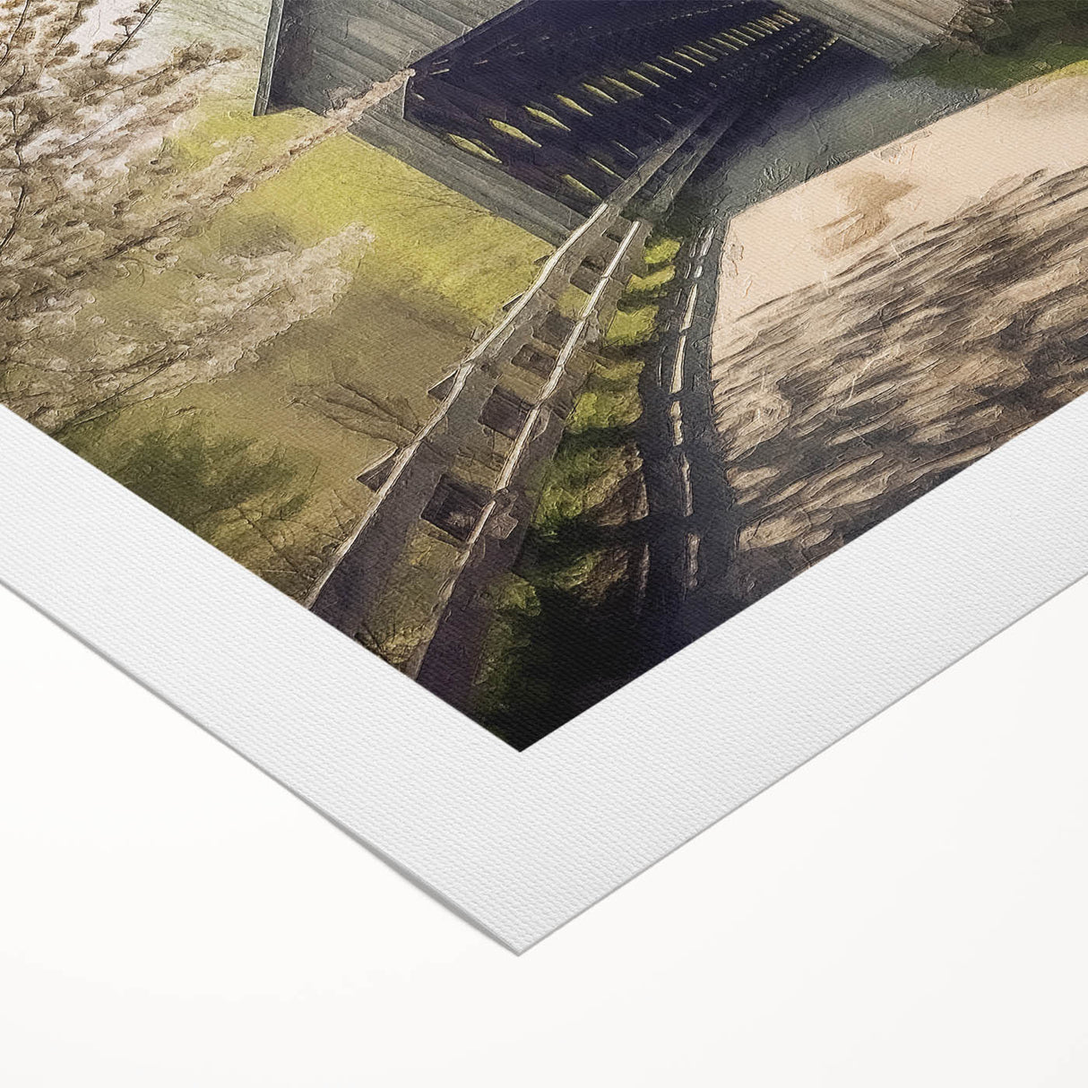 Art deco poster of an architecture-covered bridge in muted gray and blue tones on rolled canvas.
