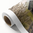 Art Deco style poster of a covered bridge in muted gray and blue tones on rolled canvas, ideal for nursery wall art.