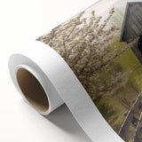 Art Deco style poster of a covered bridge in muted gray and blue tones on rolled canvas, ideal for nursery wall art.
