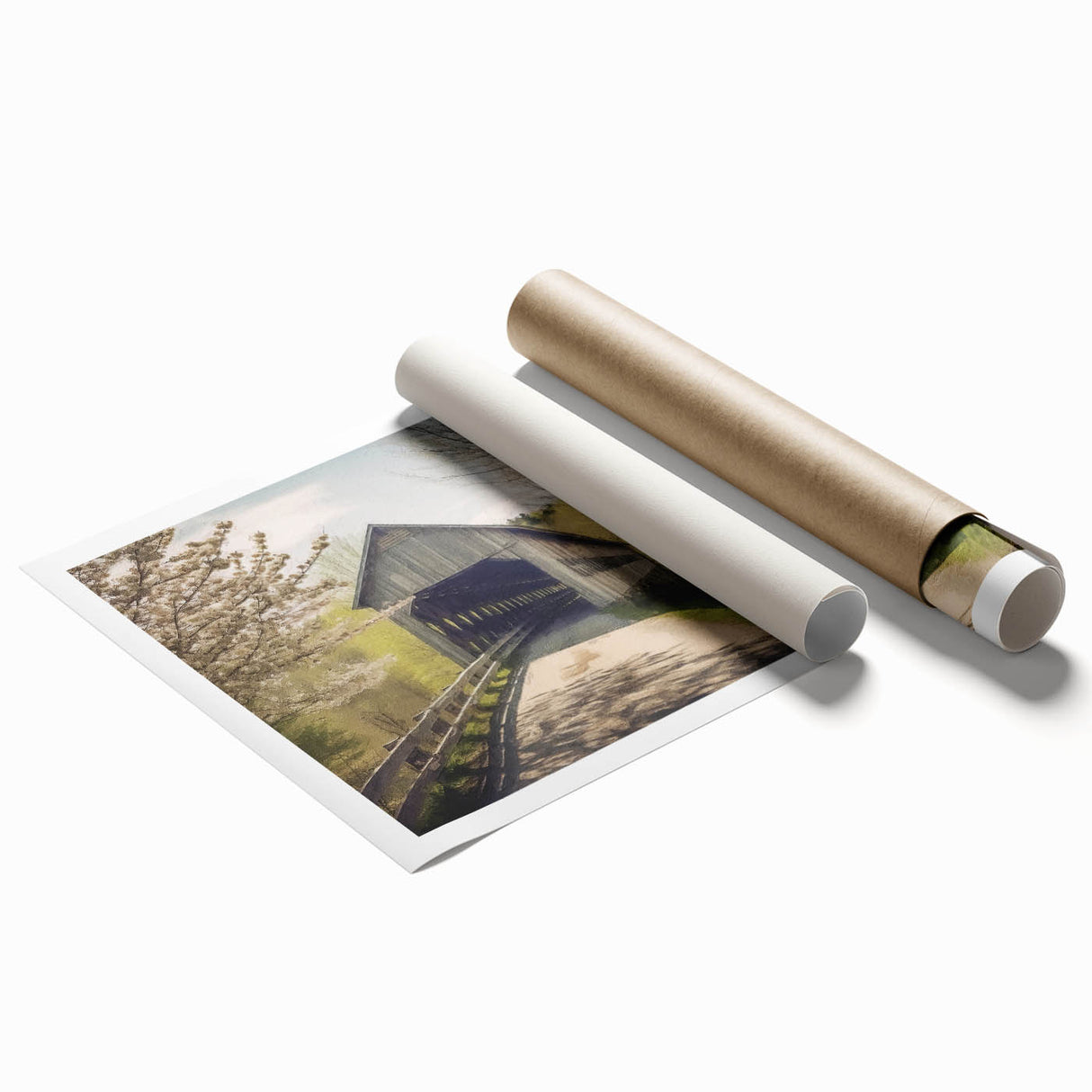 Extra large rolled print of a covered bridge in muted earth tones, ideal for classy bathroom wall art.