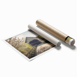 Extra large rolled print of a covered bridge in muted earth tones, ideal for classy bathroom wall art.