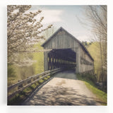 Black and white photo of a covered bridge on stretched canvas, ideal for kitchen wall art.