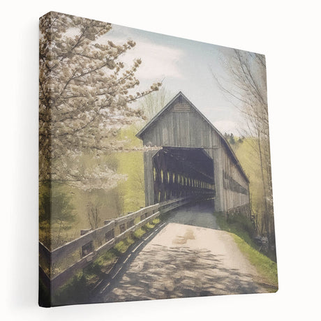 Side view of a large stretched canvas depicting a covered bridge in muted earth tones, suitable for kitchen wall art.