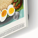 Close-up of large abstract wall art featuring assorted food dishes in muted earth tones on acrylic glass.