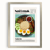 Textured abstract art print featuring a collage of various food dishes in muted earth tones, framed in silver.