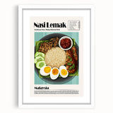 Abstract art print featuring assorted food dishes in muted earth tones, framed with a white mat, ideal for dining room decor.