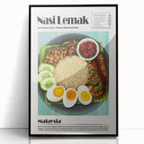 Large abstract wall art featuring assorted food dishes in mid-century modernist style, framed in black acrylic.