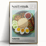 Large art print featuring a mid-century modernist array of various food dishes in gold tones, framed in acrylic.