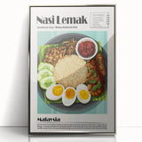 Mid-century modernist art depicting various colorful food dishes on a silver-framed acrylic print.