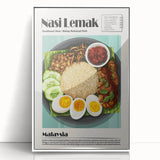 Art deco poster featuring assorted food dishes in muted pastel shades on a white acrylic framed print.